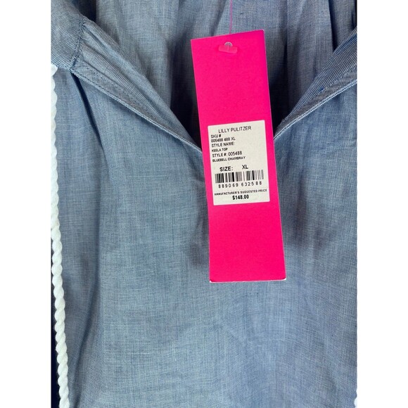 NWT LILLY PULITZER Keela Embroidered V-Neck Long Sleeve Blue Chambray Top xL - Picture 5 of 9